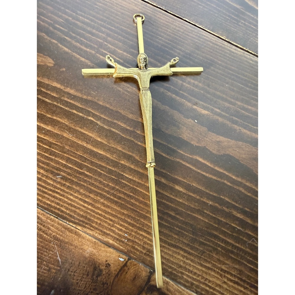 Vintage Brass Wall Crucifix Risen Christ Minimalist Mid Century Religious Cross